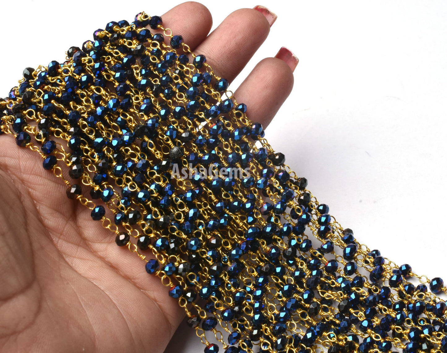 1,3,5,50 Feet,Blue Titanium Pyrite Hydro Faceted Rondelle Beaded Rosary Chain Gold Plated Wire,Jewelry Making Finding,Diy,Wire Chain 3-50mm