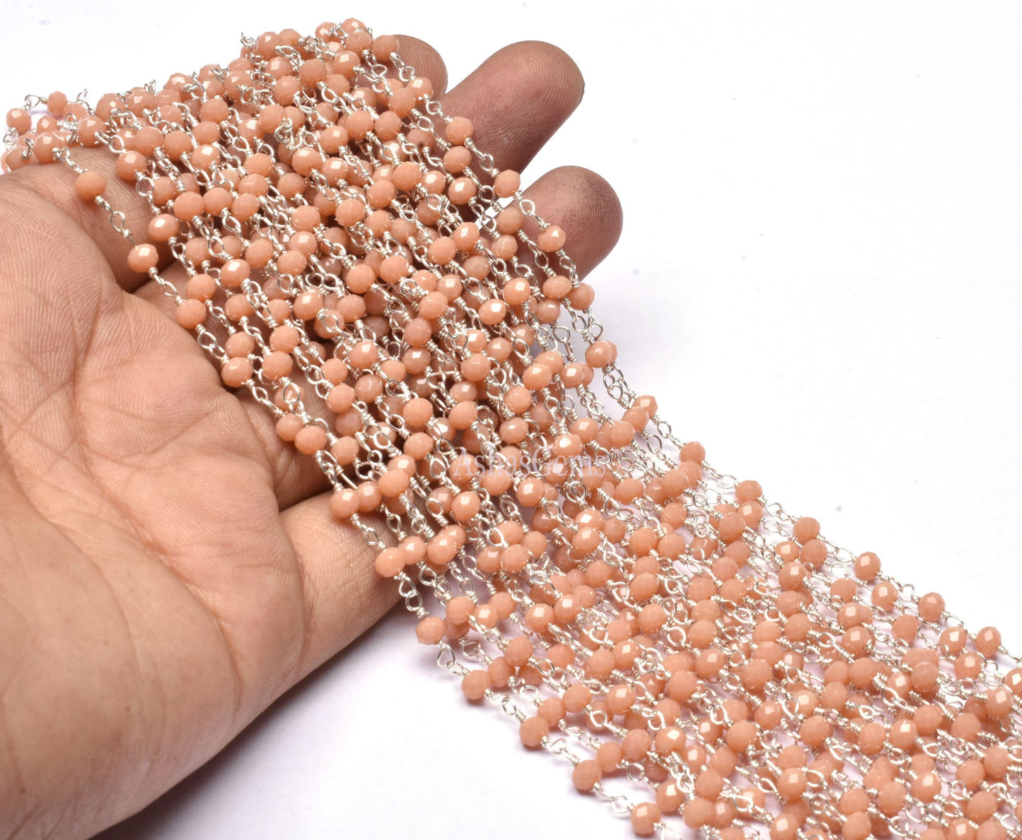 3,5,10,25 Feet,Peach Moonstone Hydro Faceted Rondelle Beaded Rosary Chain,Silver Plated Wire,Jewelry Making,Finding,Size 3-3.5 mm,Bulk Roll