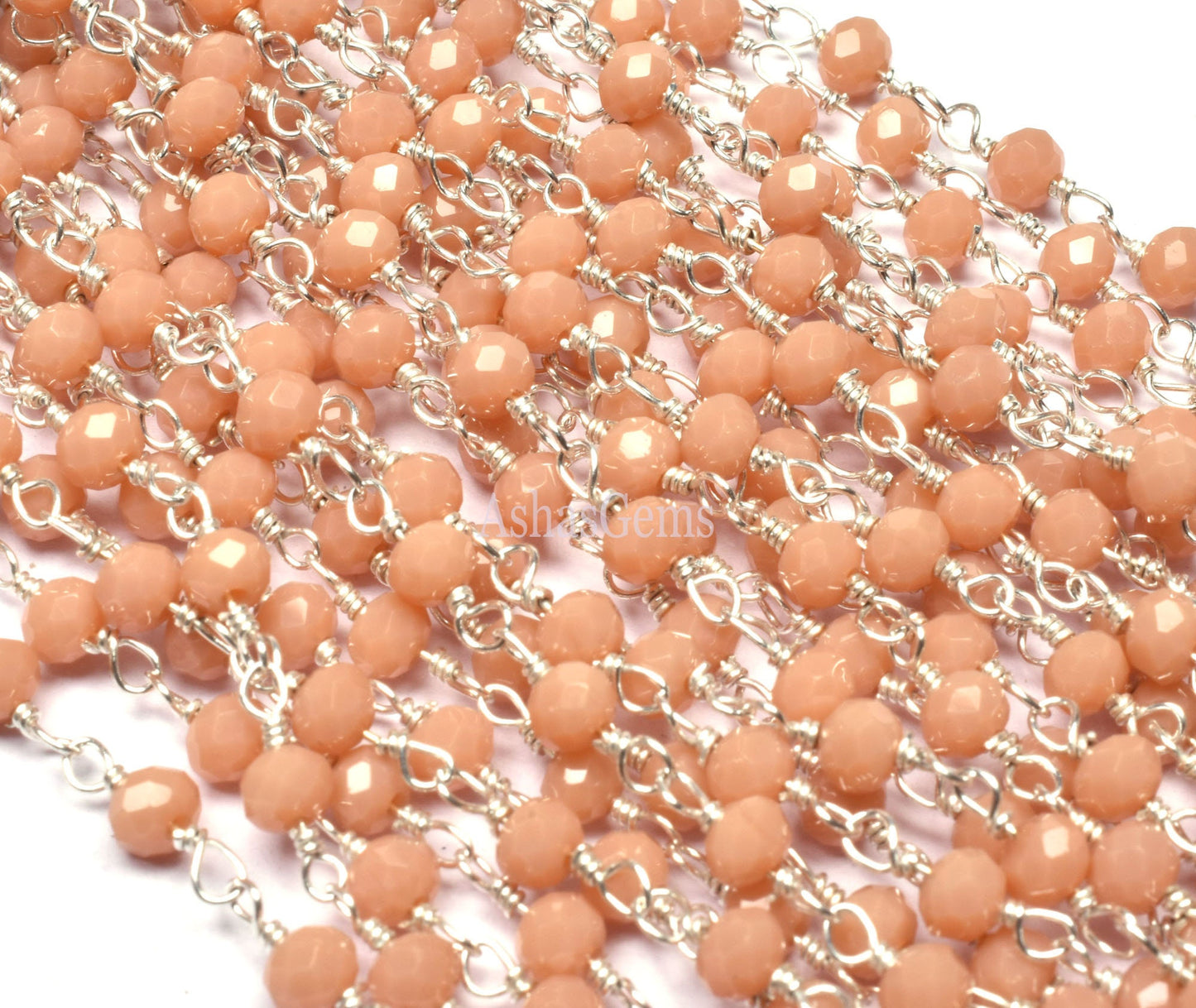 3,5,10,25 Feet,Peach Moonstone Hydro Faceted Rondelle Beaded Rosary Chain,Silver Plated Wire,Jewelry Making,Finding,Size 3-3.5 mm,Bulk Roll