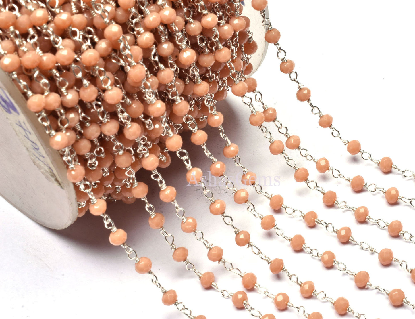 3,5,10,25 Feet,Peach Moonstone Hydro Faceted Rondelle Beaded Rosary Chain,Silver Plated Wire,Jewelry Making,Finding,Size 3-3.5 mm,Bulk Roll