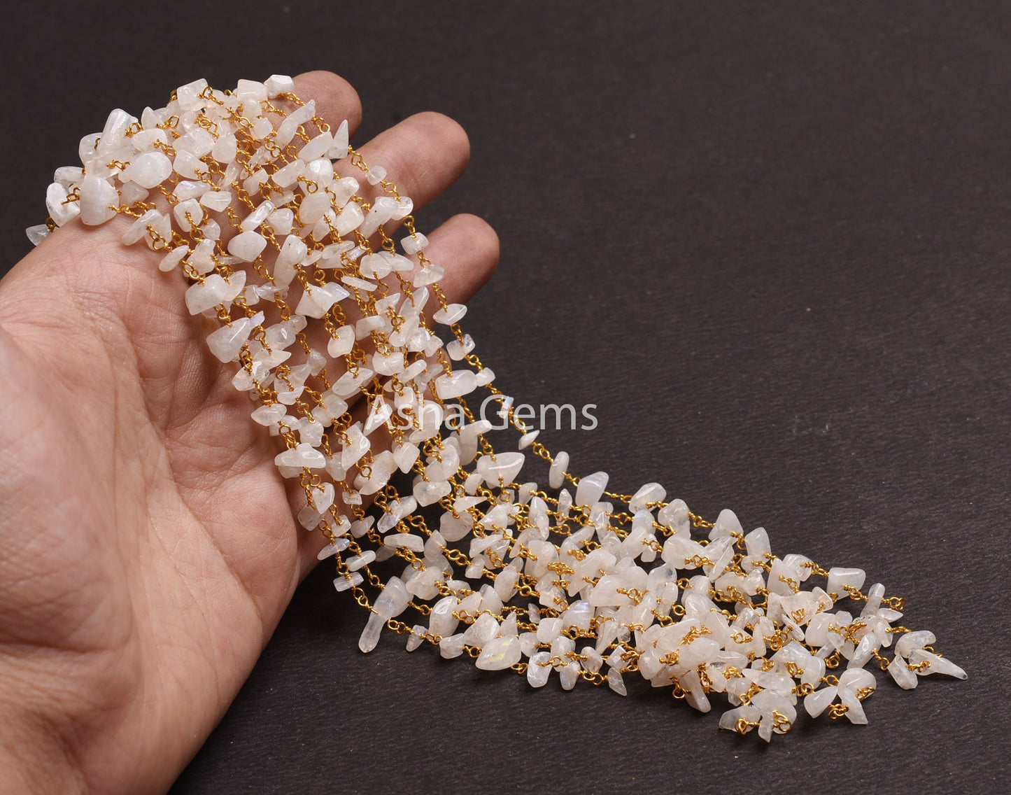 3,5,10,25 Foot Natural Rainbow Moonstone Uncut Chips Rosary Chain, Gold Plated Wire Wrap Bulk Roll Nugget Rosary Chain Jewelry Finding Chain