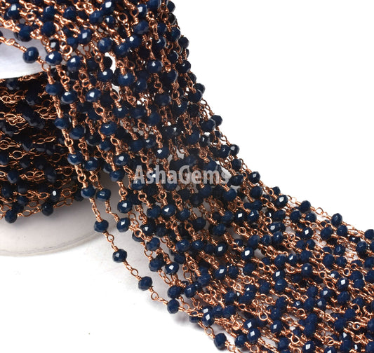 1,3,5,10,25 Feet Blue Sapphire Hydro Faceted Rondelle Beaded Rosary Chain,Rose Gold Metal Wire,Jewelry Making Finding,Chain 3-3.5mm SALE