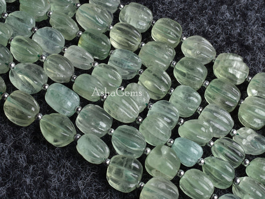 Natural Fluorite Carved Gemstone Beads,8" Strand Green Fluorite Fancy Carving Nugget Beads, Fluorite Carve Bead Handmade Puff Oval Beads