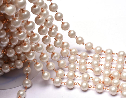 3,5,10,25 Ft,Pearl Hydro Rondelle Beaded Rosary Chain,Gold,Rose Gold Plated,Jewelry Making Chain,Finding,Beutiful Wire Wrapped Chain, 8 mm