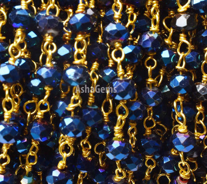 1,3,5,50 Feet,Blue Titanium Pyrite Hydro Faceted Rondelle Beaded Rosary Chain Gold Plated Wire,Jewelry Making Finding,Diy,Wire Chain 3-50mm