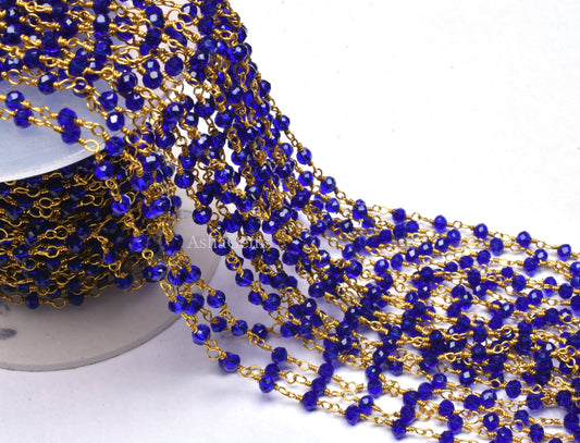 1,5,10,50 Feet Royal Blue Quartz Hydro Rosary Chain Gold Plated Wire Wrap Faceted Rondelle Bead Chain 3-3.5 mm Handmade Rosary Chain Jewelry