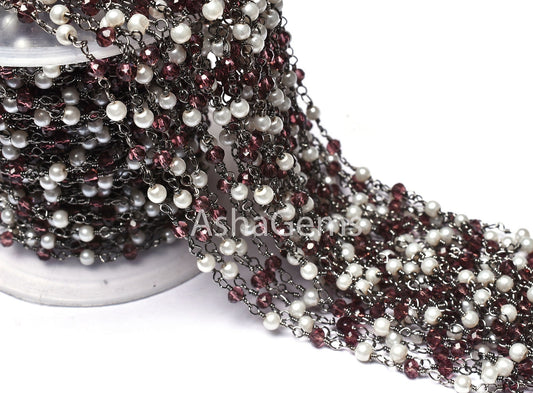 Beautiful Pearl Garnet Hydro Rondelle Beaded Rosary Chain black Plated Wire Chain Jewelry Craft,3mm Gunmetal Roll Bead Chain By Feet Jewelry