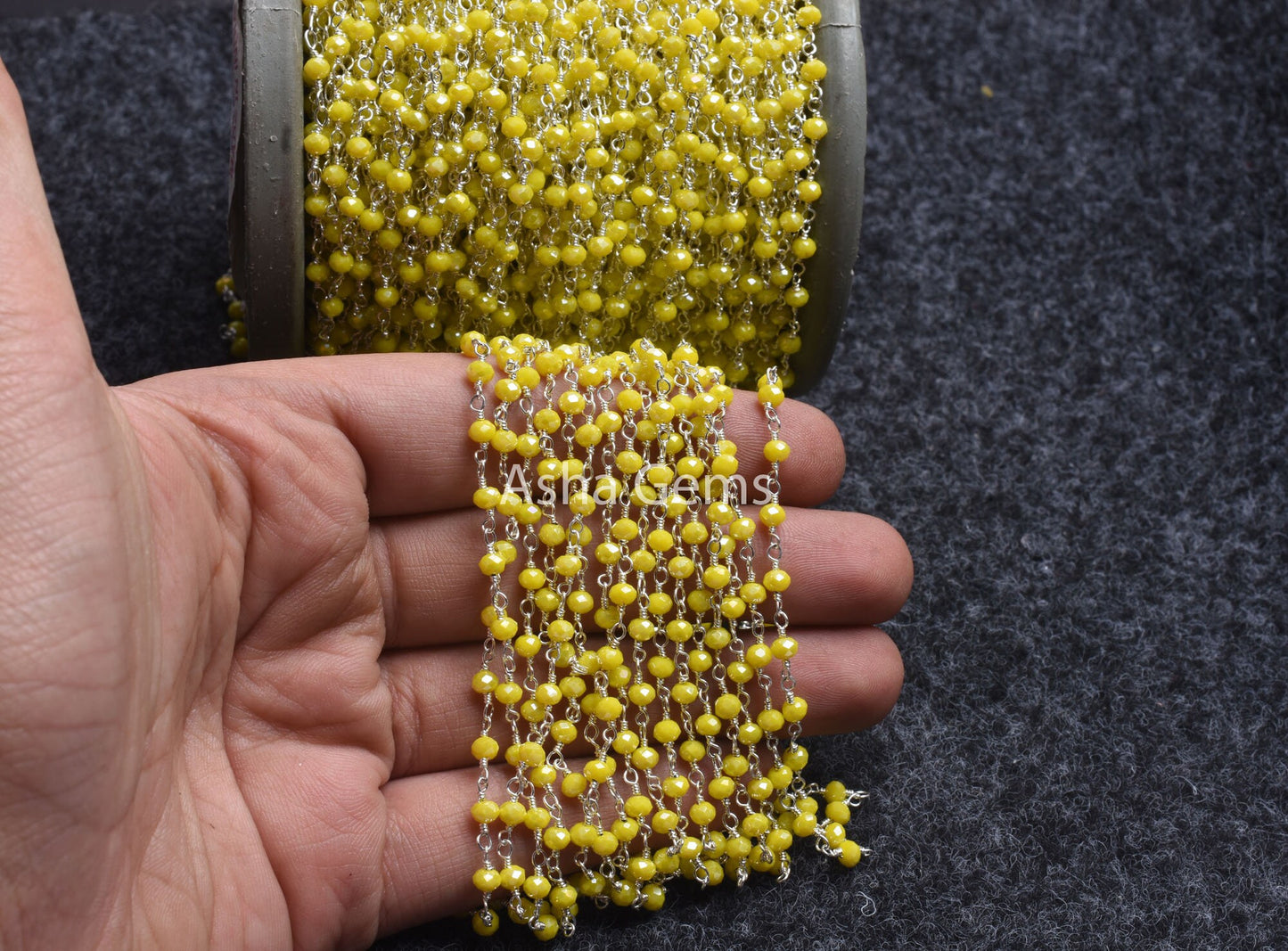 1,5,10,50 Feet Beautiful Yellow Coated Hydro Faceted Rondelle Beaded Rosary Chain, Silver Plated Wire Wrapped Jewelry Making Chains 3-3.5 mm