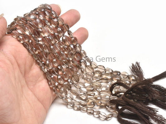 14" Strand Natural Smoky Quartz Faceted Oval Gemstone Beads, Fine Smoky Indian Hand Cut Oval Straight Drill Beads, Smoky Bead jewelry Crafts