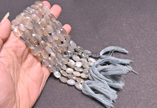 Natural Grey Moonstone faceted Indian Cut Oval Beads,9" Moonstone Oval Briolette Straight Drill Gemstone Beads, grey Moonstone Beads Jewelry