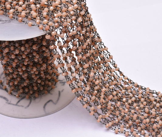 3,5,10,25 Foot,Peach Moonstone Hydro Rondelle Faceted Beaded Rosary Chain Black Metal Plated Wire,Jewelry Making,Finding,3-3.5mm,Bulk Chain