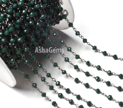 SALE 1,3,5,10,25,50Ft Green Emerald Hydro Faceted Rondelle Beaded Rosary Chain,Black Metal,Gold Plated Wire,Jewelry Making,Gunmetal,3-3.5 mm