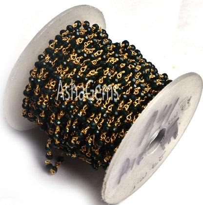 5,10,25,50 Feet,Black Spinel Hydro Faceted Rondelle Beaded Gold Plated Rosary Chain Jewelry Making Finding Wire Wrapped Chain,4mm,Chain Sale