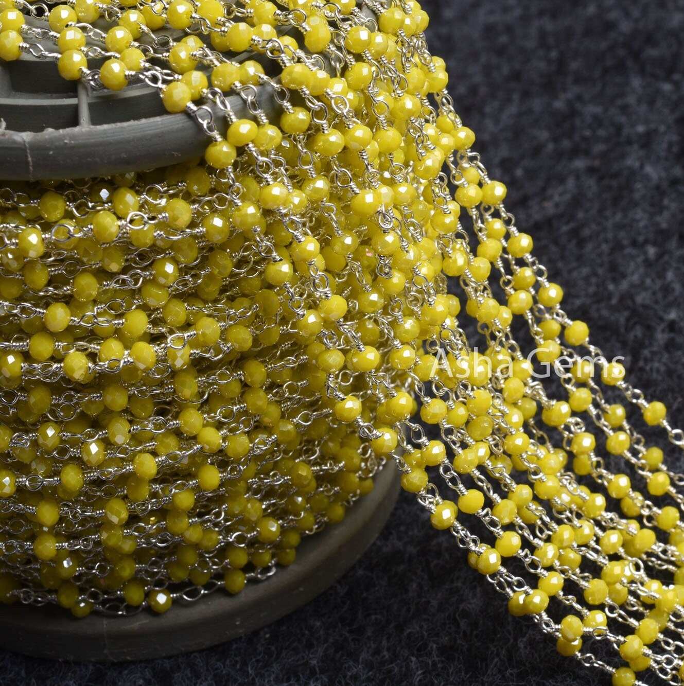1,5,10,50 Feet Beautiful Yellow Coated Hydro Faceted Rondelle Beaded Rosary Chain, Silver Plated Wire Wrapped Jewelry Making Chains 3-3.5 mm