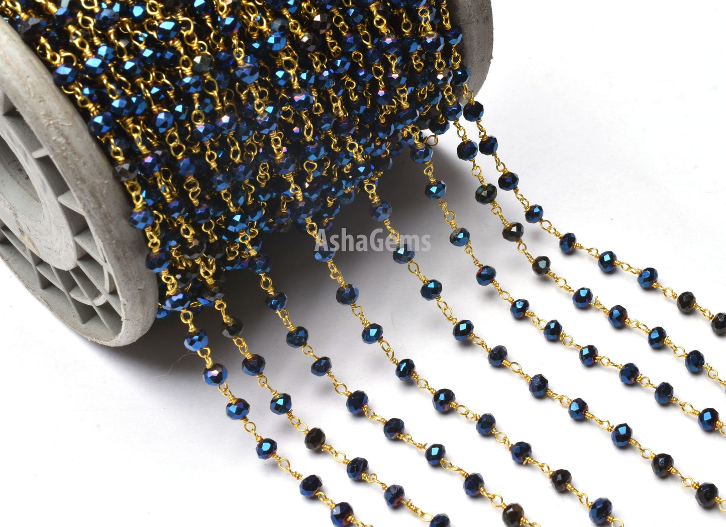 1,3,5,50 Feet,Blue Titanium Pyrite Hydro Faceted Rondelle Beaded Rosary Chain Gold Plated Wire,Jewelry Making Finding,Diy,Wire Chain 3-50mm