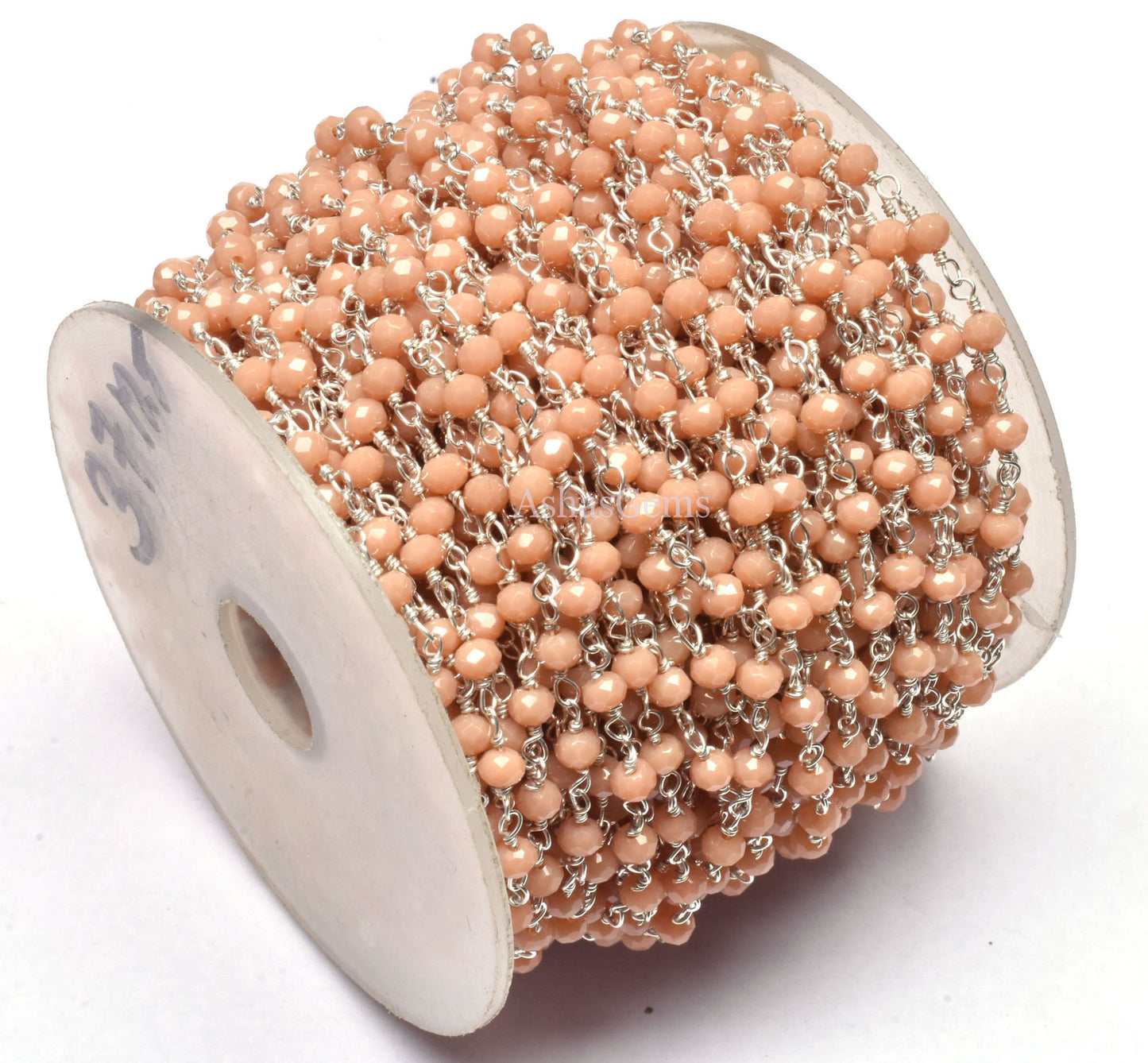 3,5,10,25 Feet,Peach Moonstone Hydro Faceted Rondelle Beaded Rosary Chain,Silver Plated Wire,Jewelry Making,Finding,Size 3-3.5 mm,Bulk Roll