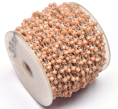 3,5,10,25 Feet,Peach Moonstone Hydro Faceted Rondelle Beaded Rosary Chain,Silver Plated Wire,Jewelry Making,Finding,Size 3-3.5 mm,Bulk Roll