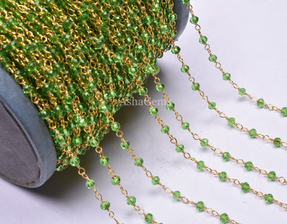 3,5,10,25,Ft Peridot Hydro Faceted Rondelle Beaded Rosary Chain Gold Plated Wire,Jewelry Finding,Wire Wrapped Chain 3.5mm Necklace Chains