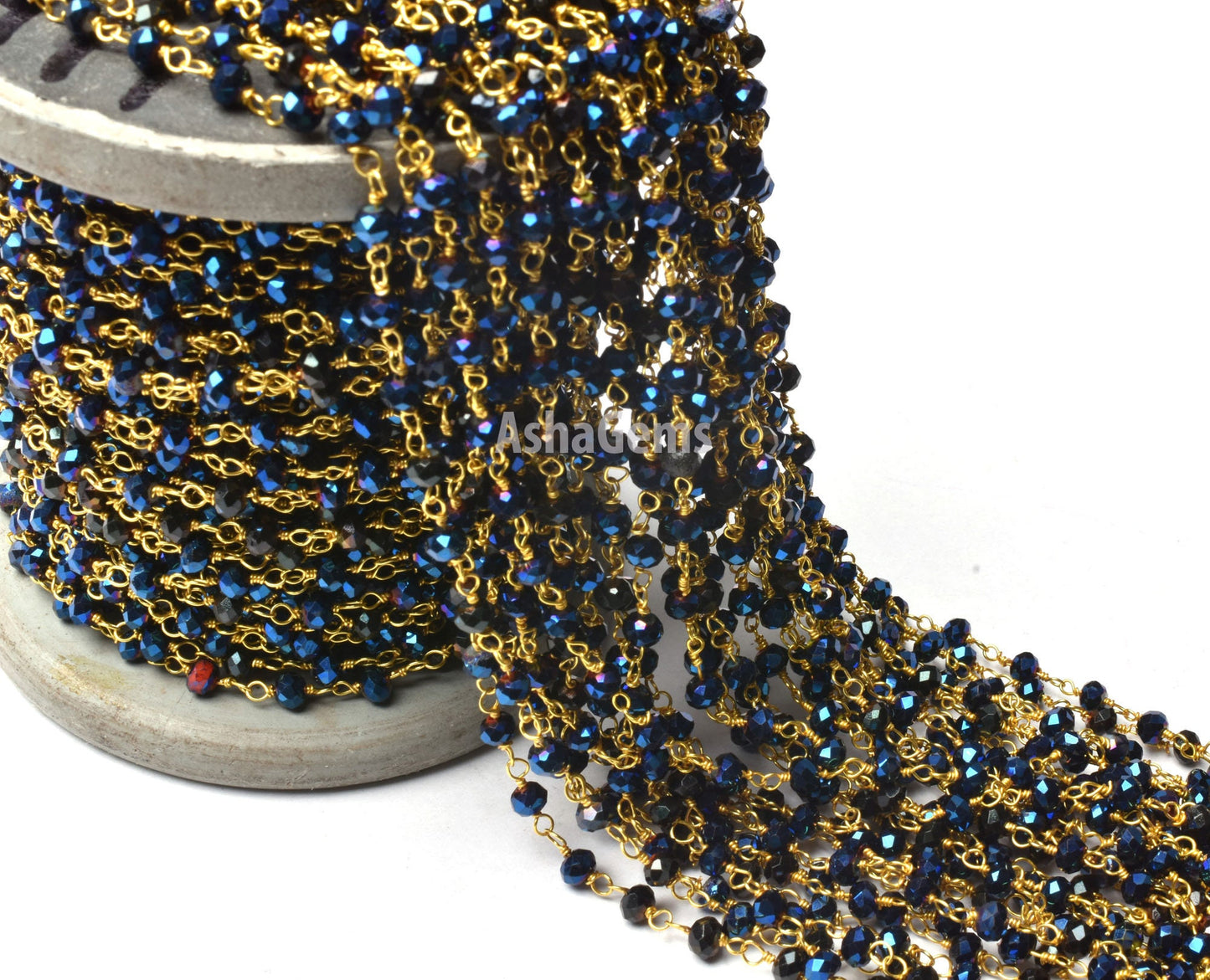 1,3,5,50 Feet,Blue Titanium Pyrite Hydro Faceted Rondelle Beaded Rosary Chain Gold Plated Wire,Jewelry Making Finding,Diy,Wire Chain 3-50mm