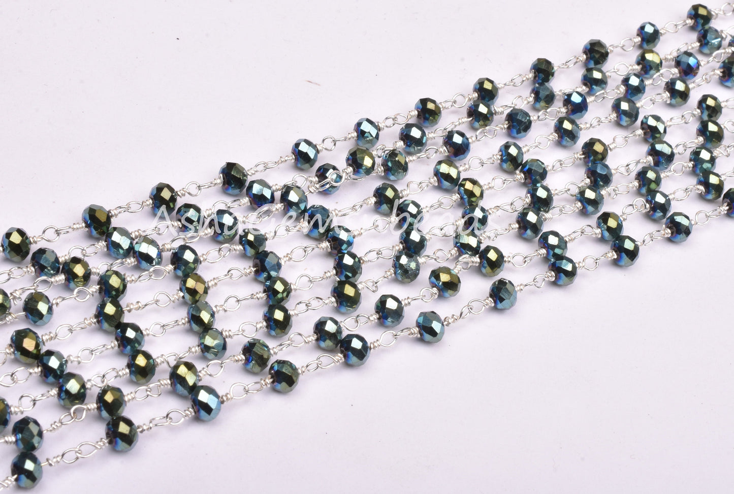 3,5,10,25 Ft Mystic Pyrite Hydro Faceted Rondelle Beaded Rosary Chain Silver Plated Wire,Jewelry Making Finding,Wire Wrapped Chain 3-3.5 mm