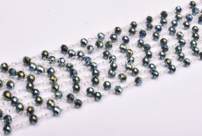 3,5,10,25 Ft Mystic Pyrite Hydro Faceted Rondelle Beaded Rosary Chain Silver Plated Wire,Jewelry Making Finding,Wire Wrapped Chain 3-3.5 mm