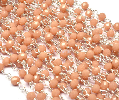 3,5,10,25 Feet,Peach Moonstone Hydro Faceted Rondelle Beaded Rosary Chain,Silver Plated Wire,Jewelry Making,Finding,Size 3-3.5 mm,Bulk Roll