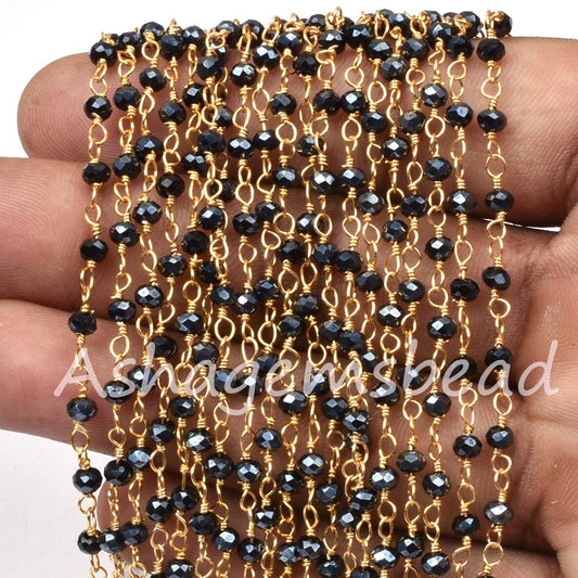 AAA Black Spinel Hydro Silver Coated Faceted Rosary Chain,3 mm Beaded Gold Plated Wire Wrap Rondelle handmade Chain Jewelry Making Craft SALE