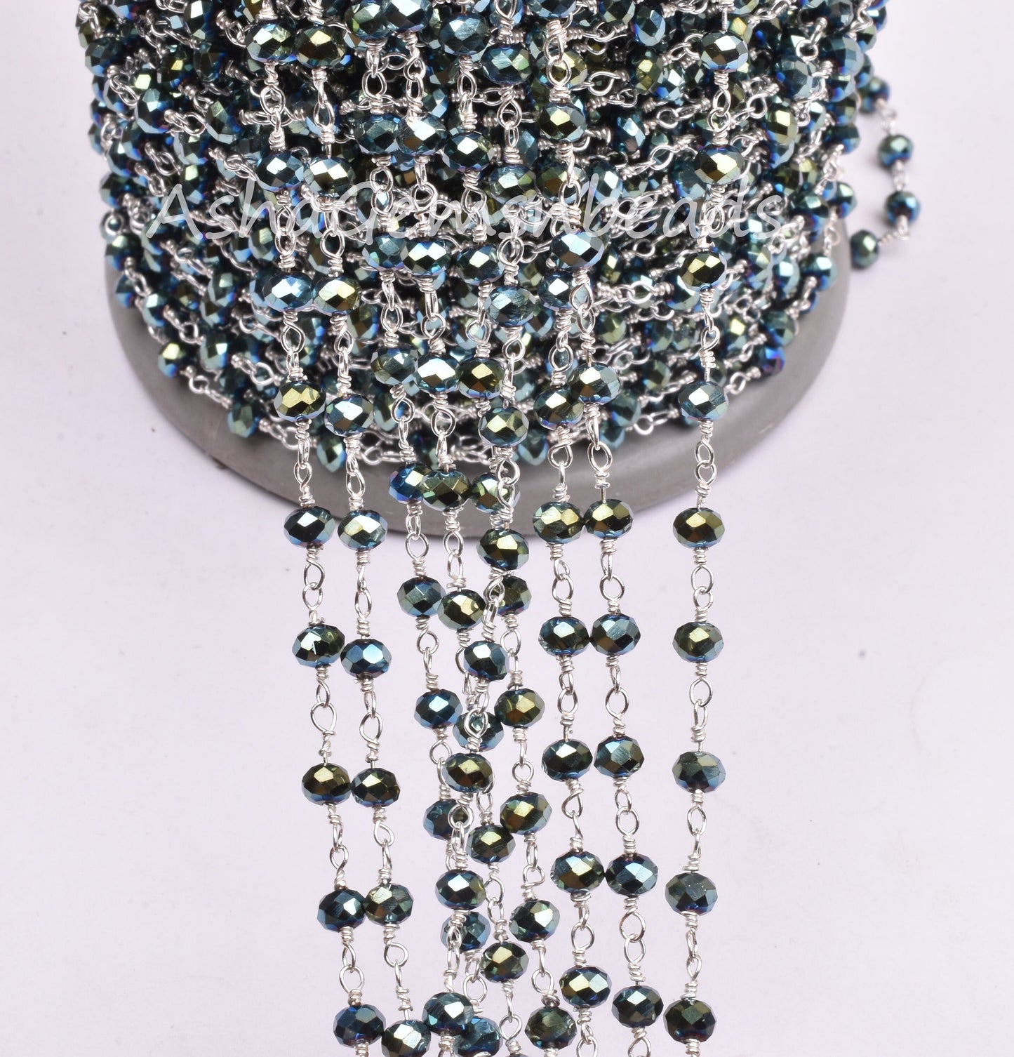 3,5,10,25 Ft Mystic Pyrite Hydro Faceted Rondelle Beaded Rosary Chain Silver Plated Wire,Jewelry Making Finding,Wire Wrapped Chain 3-3.5 mm