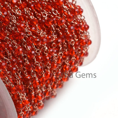 3,5,10,25 Ft Red Quartz Hydro Faceted Rondelle Beaded Rosary Chain Rose gold Plated Wire Wrapped Red Crystal Chain Jewelry Making SALE 3 mm