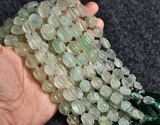 Beautiful Fluorite Carving Nugget Shape Beads,8" Strand Natural Light Green Fluorite Puff Oval Uneven Carved Handmade Bead Crave Puff Nugget