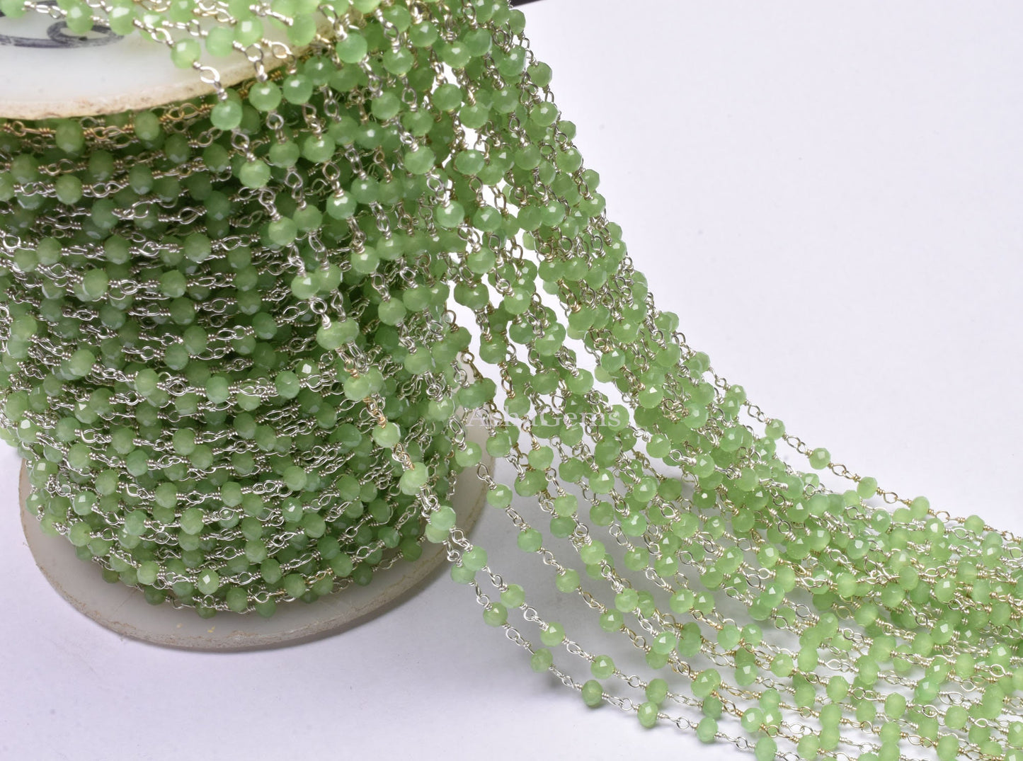 3,5,10,25 Ft,Aqua Quartz Rondelle Faceted Hydro Beaded Rosary Chain,Silver Plated Wire,Jewelery Making,Finding, Size 3-3.5 mm,Bulk Roll Wire