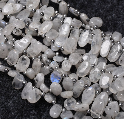 White Moonstone Smooth Uneven Oval Shape Gemstone Beads, 7" Strand Natural Fire Rainbow Moss Moonstone Beads, Side Drill Oval Plain Beads
