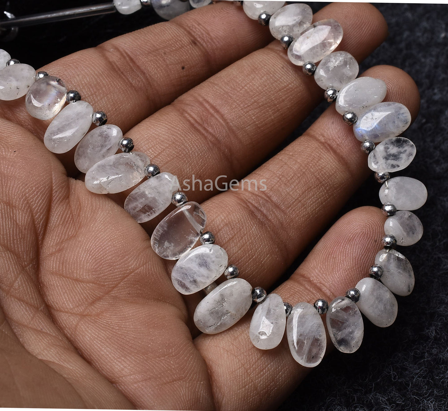 White Moonstone Smooth Uneven Oval Shape Gemstone Beads, 7" Strand Natural Fire Rainbow Moss Moonstone Beads, Side Drill Oval Plain Beads