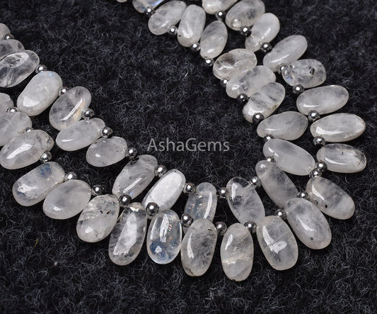 White Moonstone Smooth Uneven Oval Shape Gemstone Beads, 7" Strand Natural Fire Rainbow Moss Moonstone Beads, Side Drill Oval Plain Beads