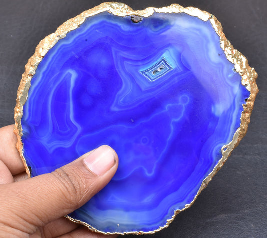 Natural Coaster Gemstone ,Solar Quartz Slice Cabochon Satalactite,AAA Blue Colored Mineral House Warming Gold Edge Plate For Table Décor DIY