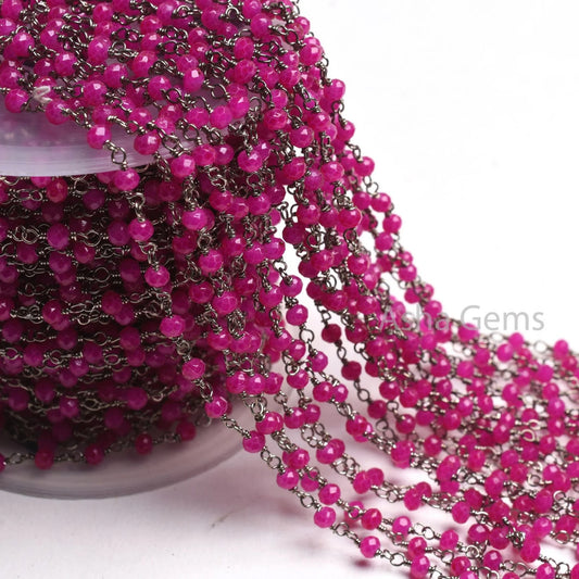 Pink Chalcedony Hydro Faceted Rondelle Rosary Chain Black Plated Wire 3,5,10 Feet Jewelry Making Finding Wire Wrapped Chain For Craft Making