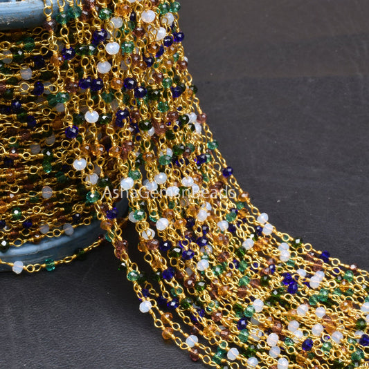Beautiful Multi Disco Hydro faceted Rondelle Bead Rosary Chain, Mix Color Bead Gold Plated Wire Wrap Rosary Chain By Feet Jewelry Craft SALE