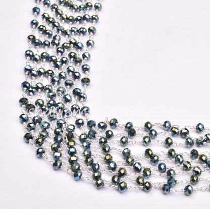 3,5,10,25 Ft Mystic Pyrite Hydro Faceted Rondelle Beaded Rosary Chain Silver Plated Wire,Jewelry Making Finding,Wire Wrapped Chain 3-3.5 mm