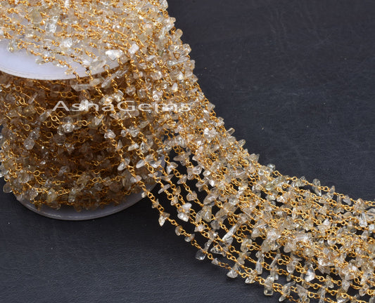 Natural Green Amethyst Uncut Bead Rosary Chain Gold Plated Wire Bulk Roll Amethyst Smooth Chip Beaded Chain For Necklac Jewelry making Craft
