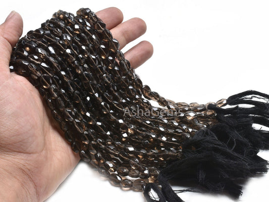 Beautiful Smoky Quartz Faceted Oval Beads, Fine Smoky Indian Hand Cut Oval Straight Drill Gemstone Beads, Natural Black Smoky Beads jewelry