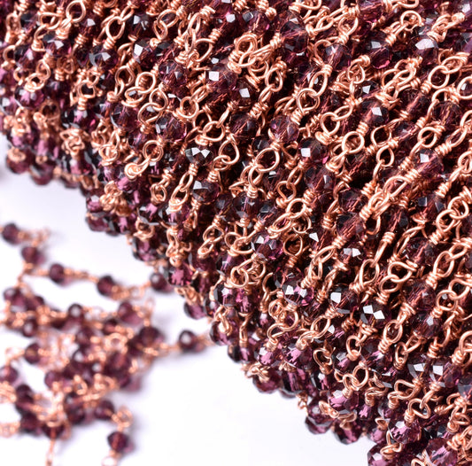 SALE 3,5,10,25 Ft Rhodolite Garnet Hydro Faceted Rondelle Beaded Rosary Chain Rose Gold Plated Wire,Jewelry Making Finding, Chain 3-3.5mm