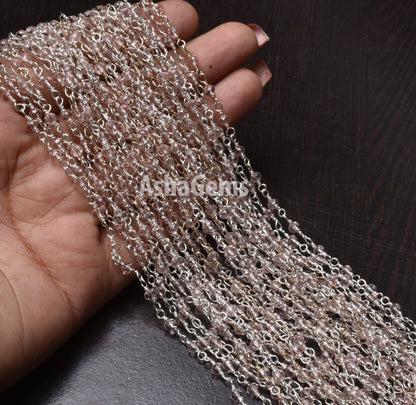 Rosary Chain Silver Plated Wire 3,5,10,25 Ft Light Pink Quartz Hydro Faceted Rondelle Beaded Jewelry Finding Wire Wrapped Chain 3-3.5mm SALE