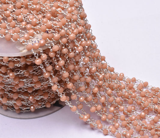 3,5,10,25 Feet,Peach Moonstone Hydro Faceted Rondelle Beaded Rosary Chain,Silver Plated Wire,Jewelry Making,Finding,Size 3-3.5 mm,Bulk Roll