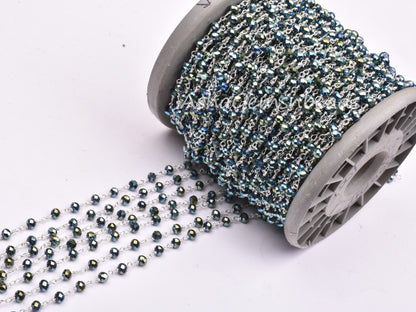 3,5,10,25 Ft Mystic Pyrite Hydro Faceted Rondelle Beaded Rosary Chain Silver Plated Wire,Jewelry Making Finding,Wire Wrapped Chain 3-3.5 mm