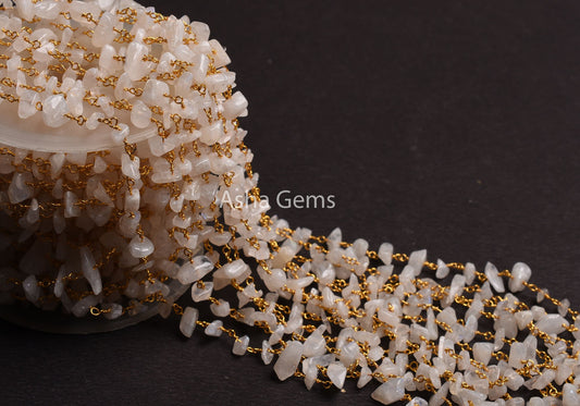 3,5,10,25 Foot Natural Rainbow Moonstone Uncut Chips Rosary Chain, Gold Plated Wire Wrap Bulk Roll Nugget Rosary Chain Jewelry Finding Chain