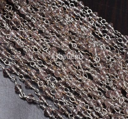 Rosary Chain Silver Plated Wire 3,5,10,25 Ft Light Pink Quartz Hydro Faceted Rondelle Beaded Jewelry Finding Wire Wrapped Chain 3-3.5mm SALE