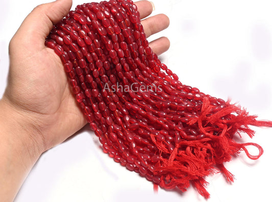 Beautiful Carmine Red Hydro Smooth Oval Shape Beads,6-8 mm Cherry Red Quartz Hydro Plain Handmade Oval Loose Beads Jewelry Making Craft SALE