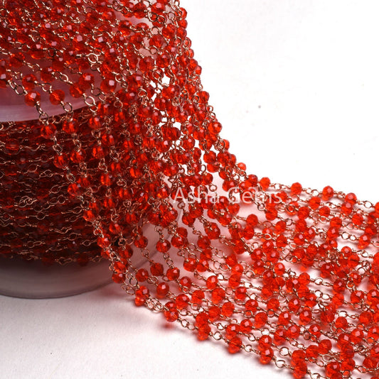 3,5,10,25 Ft Red Quartz Hydro Faceted Rondelle Beaded Rosary Chain Rose gold Plated Wire Wrapped Red Crystal Chain Jewelry Making SALE 3 mm