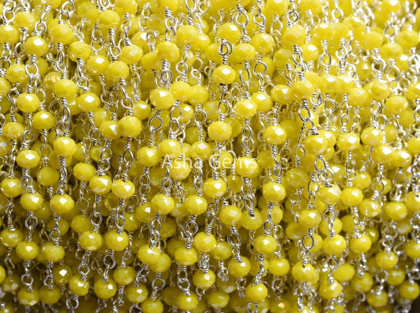 1,5,10,50 Feet Beautiful Yellow Coated Hydro Faceted Rondelle Beaded Rosary Chain, Silver Plated Wire Wrapped Jewelry Making Chains 3-3.5 mm