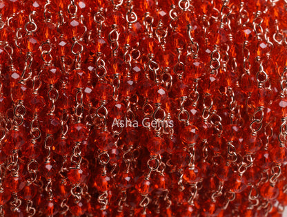 3,5,10,25 Ft Red Quartz Hydro Faceted Rondelle Beaded Rosary Chain Rose gold Plated Wire Wrapped Red Crystal Chain Jewelry Making SALE 3 mm